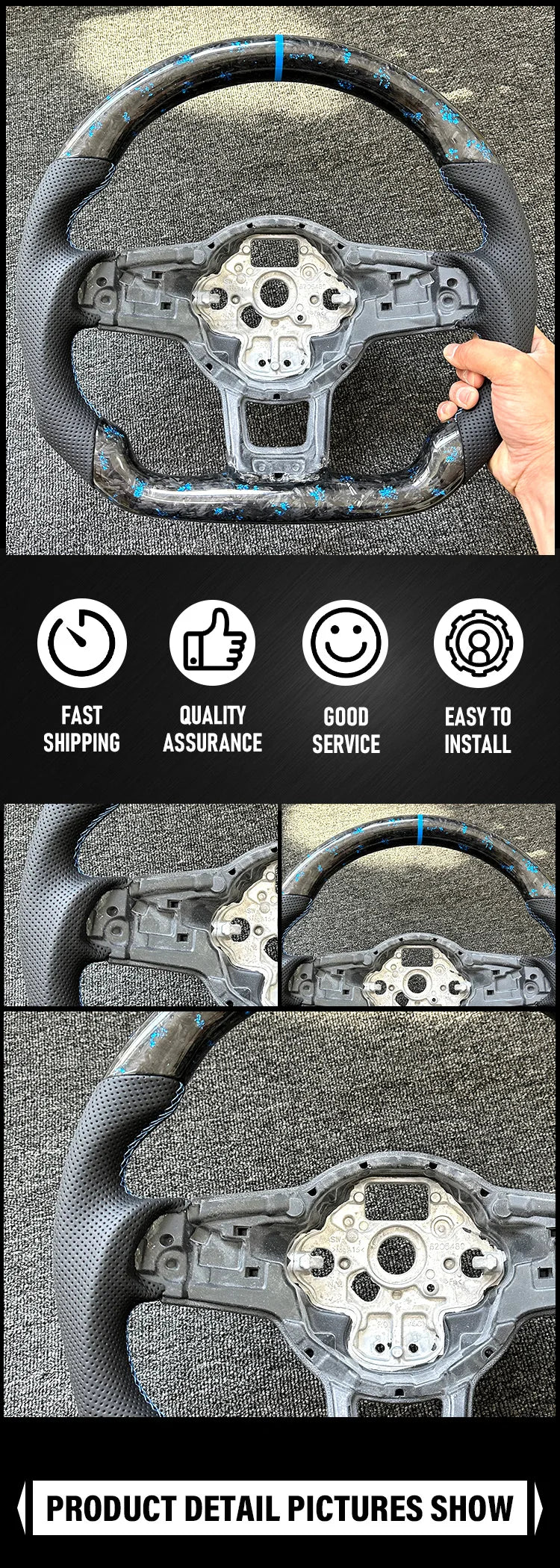 really Forged Carbon Fiber Steering Wheel Blue+ For Volkswagen MK7 MK7.5 GTI R GTD GTE Golf 7, Optional Paddle Shifters Version