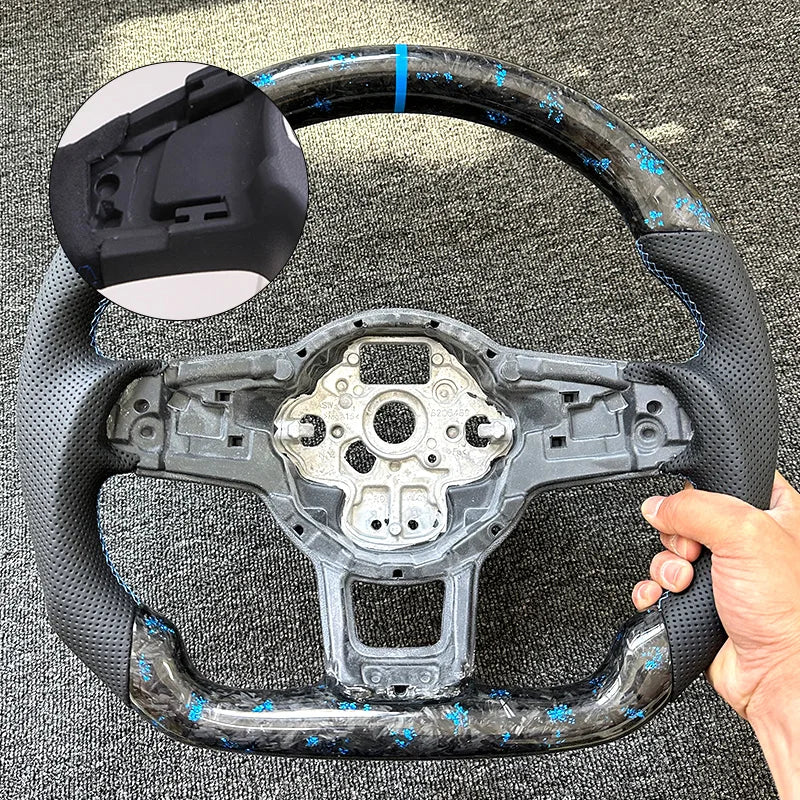 really Forged Carbon Fiber Steering Wheel Blue+ For Volkswagen MK7 MK7.5 GTI R GTD GTE Golf 7, Optional Paddle Shifters Version