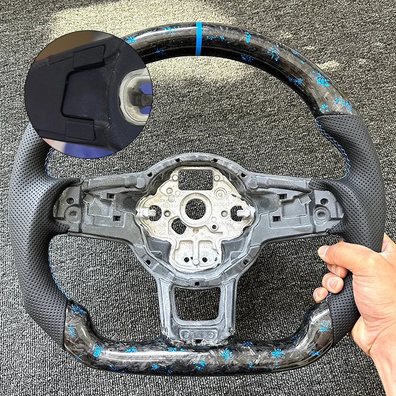 really Forged Carbon Fiber Steering Wheel Blue+ For Volkswagen MK7 MK7.5 GTI R GTD GTE Golf 7, Optional Paddle Shifters Version
