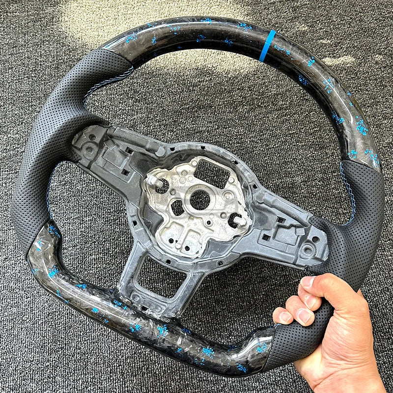 really Forged Carbon Fiber Steering Wheel Blue+ For Volkswagen MK7 MK7.5 GTI R GTD GTE Golf 7, Optional Paddle Shifters Version