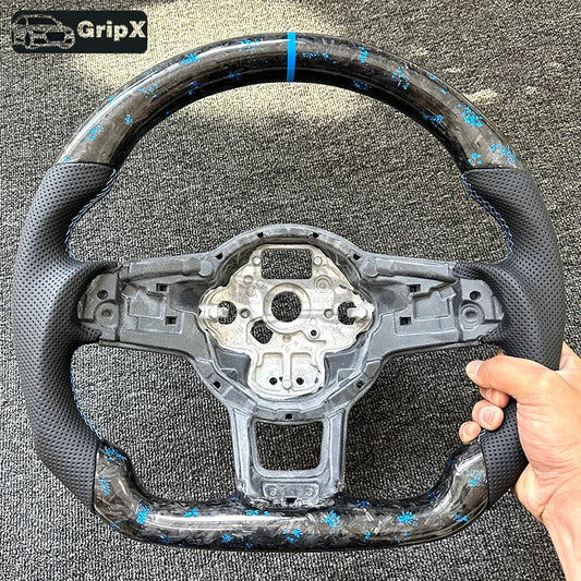 really Forged Carbon Fiber Steering Wheel Blue+ For Volkswagen MK7 MK7.5 GTI R GTD GTE Golf 7, Optional Paddle Shifters Version